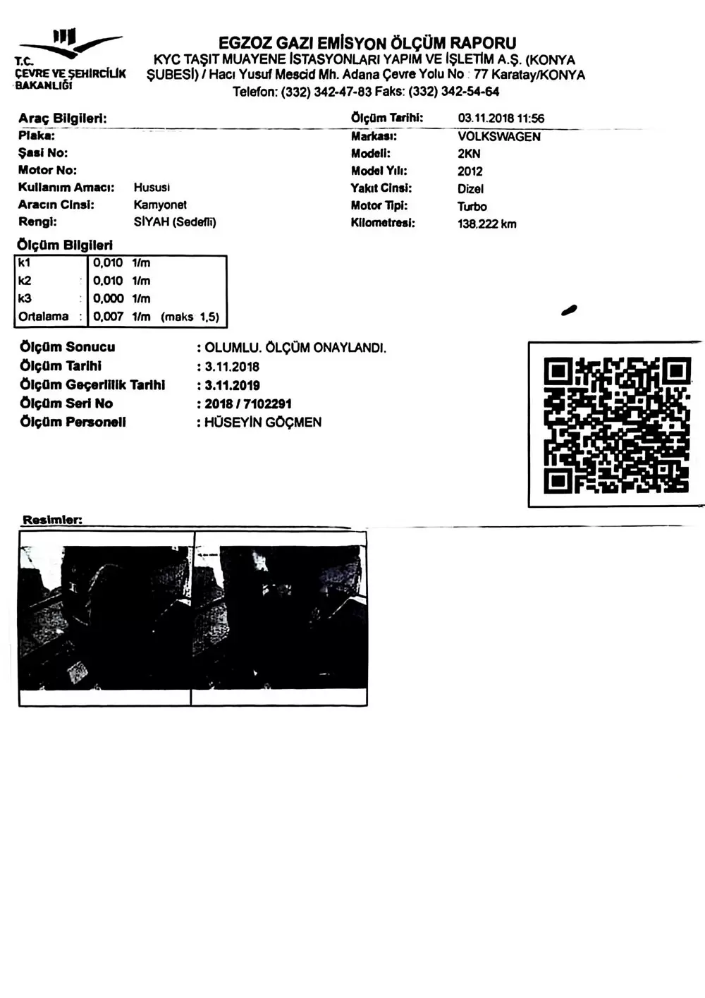 Volkswagen Caddy 2.0 TDI (2012)Ölçülen Sonuç:
Resmi egzoz emisyon ölçüm raporunda araçta ortalama 0.007 m⁻¹ K değeri ölçülmüştür. İlgili araç için yasal üst sınır 1.5 m⁻¹ olup, ölçüm sonucu limit değerin oldukça altında gerçekleşmiştir.Müşteriye Sağlayabileceği Avantajlar:
Dizel motorlarda egzozdan çıkan siyah duman ve yüksek kurum miktarı, yanma kalitesi ile doğrudan ilişkilidir. Kurum oluşumu zamanla motor ve egzoz sistem bileşenlerini olumsuz etkileyebilir.Emisyon test sonuçları değerlendirildiğinde:✔ Duman yoğunluğunun yasal limitlerin oldukça altında olduğu görülmektedir.
✔ Egzoz hattına ulaşan kurum ve is miktarında düşük değerler gözlenmiştir.
✔ Düşük kurum oluşumu, DPF ve EGR gibi egzoz bileşenlerinin çalışma şartlarına olumlu katkı sağlayabilir.
✔ Daha temiz yanma karakteri sürüş kalitesine olumlu katkı sağlayabilir.
✔ Resmî egzoz emisyon kriterlerinin rahat şekilde karşılanmasına yardımcı olabilir.Bu değerlendirmeler resmi emisyon ölçüm sonuçlarına dayalı olup elde edilen sonuçlar araç tipi, motor kondisyonu, yakıt kalitesi ve kullanım şartlarına göre değişiklik gösterebilir.